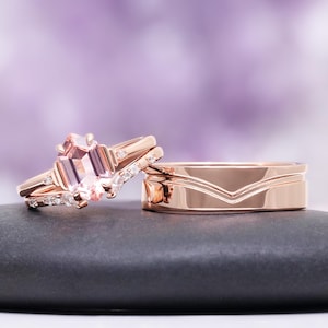 Conjunto de anillos de pareja de morganita, alianzas de boda a juego para él y para ella, anillos de promesa hexagonales de oro rosa vermeil, trío.