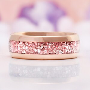 Morganite Mens Wedding Band Rose Gold Tungsten 8mm Crushed Pink Stone Inlay image 5