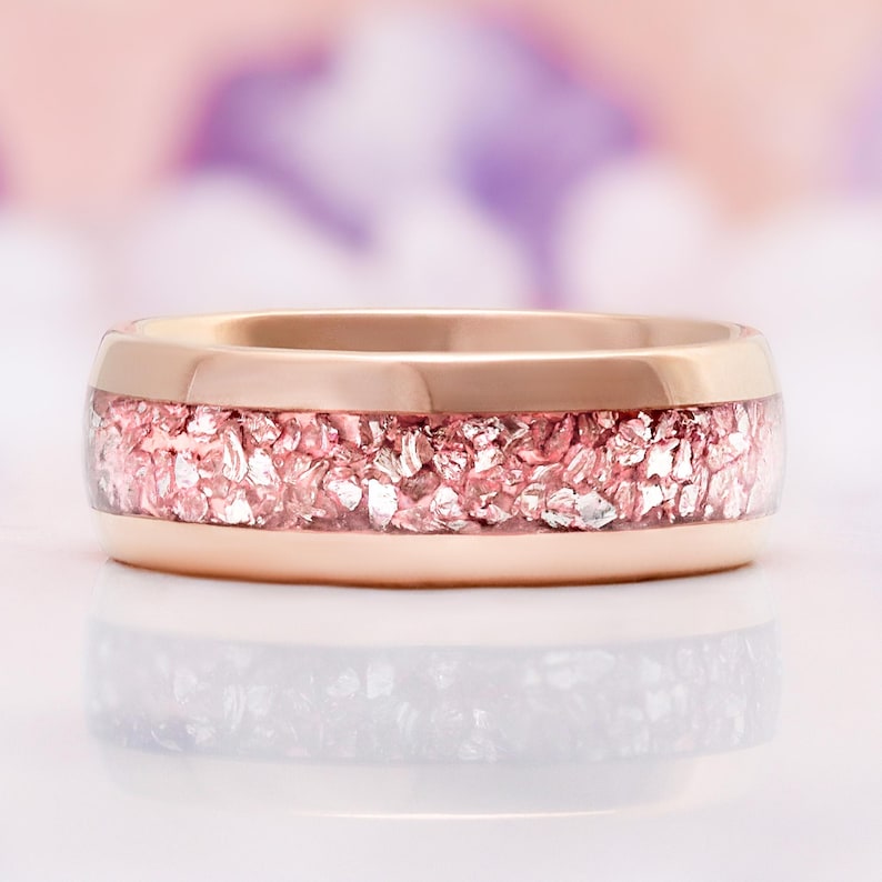 Morganite Mens Wedding Band Rose Gold Tungsten 8mm Crushed Pink Stone Inlay image 5
