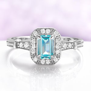 Aquamarine Ring Sterling Silver Vintage Engagement Ring Emerald Cut Halo March Birthstone Ring
