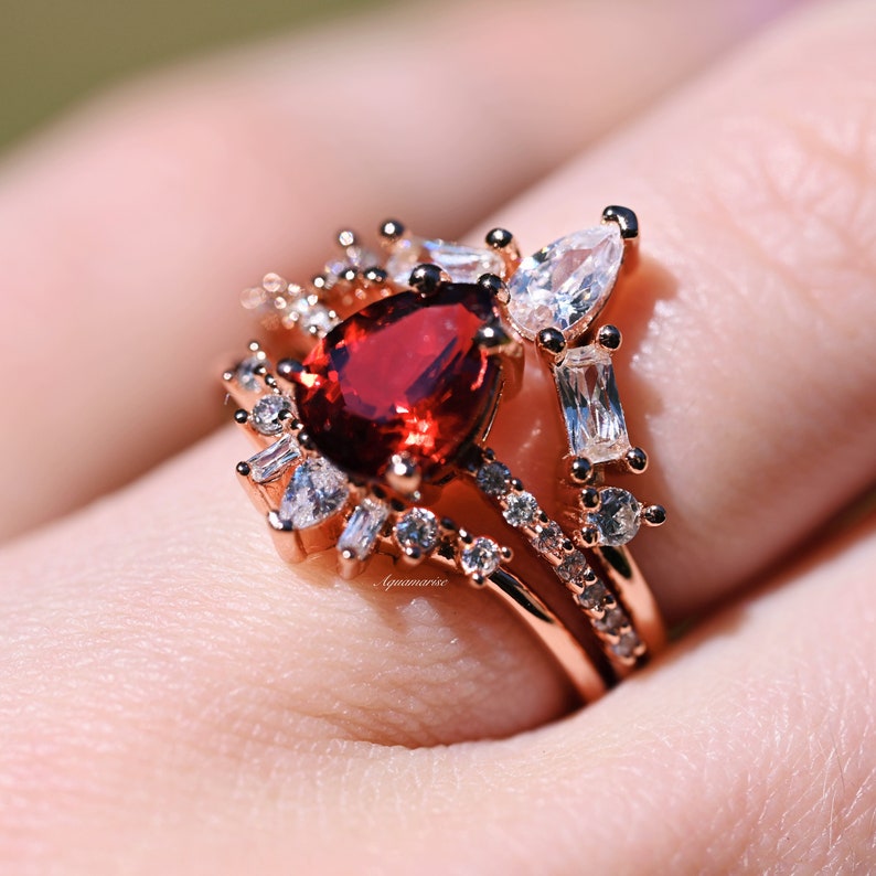 Natural Garnet Ring Set Red Garnet Engagement Ring Sets for Woman ...