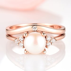 Natural Freshwater Pearl Ring Set For Women- 14K Rose Gold Vermeil Engagement Bridal Ring Sets For Her- Unique Promise Rings June Birthstone