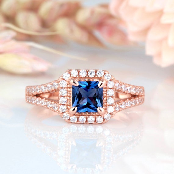 Ceylon Sapphire Ring- 14K Rose Gold Vermeil Ring- Princess Cut Blue  Sapphire Engagement ring Promise Ring- September Birthstone Gift For Her