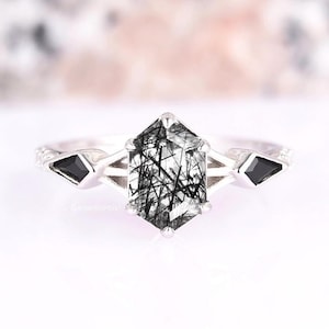 Hexagon Rutilated Quartz & Kite Black Diamond Ring For Woman- Natural Quartz Engagement Ring- 925 Sterling Silver Promise Ring Gift For Her