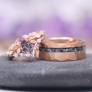Galaxy Salt Pepper Diamond and Meteorite Couples Ring Set- His and Hers Cosmic Wedding Bands Rose Gold Vermeil/ Tungsten Matching Rings