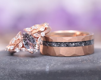 Galaxy Salt Pepper Diamond and Meteorite Couples Ring Set- His and Hers Cosmic Wedding Bands Rose Gold Vermeil/ Tungsten Matching Rings