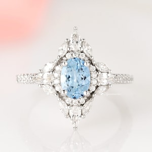 Stella Aquamarine Ring- Sterling Silver- Vintage Halo Aquamarine Engagement Ring- North Star March Birthstone Ring- Anniversary Gift For Her