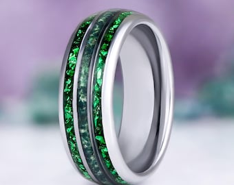 Green Moss Agate & Crushed Emerald Men's Wedding Band- 8mm Tungsten Carbide Ring- Comfort Fit- Nature Wedding Ring Anniversary Gift For Him