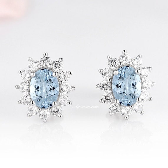 Halo Oval Aquamarine Earrings- Sterling Silver Aquamarine Stud Earrings-  Simple Delicate Earrings- March Birthstone Anniversary Gift For Her