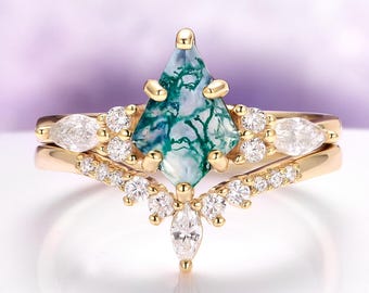 Kite Moss Agate Ring Set – 14K Yellow Gold Vermeil Promise Ring
