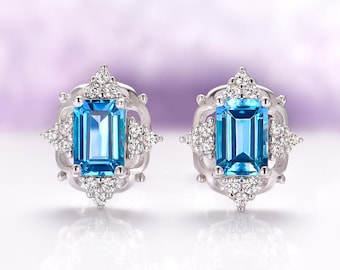 Vintage Natural London Blue Topaz Earrings- Sterling Silver- November Birthstone- Dainty Emerald Cut Topaz Earrings Anniversary Gift For Her