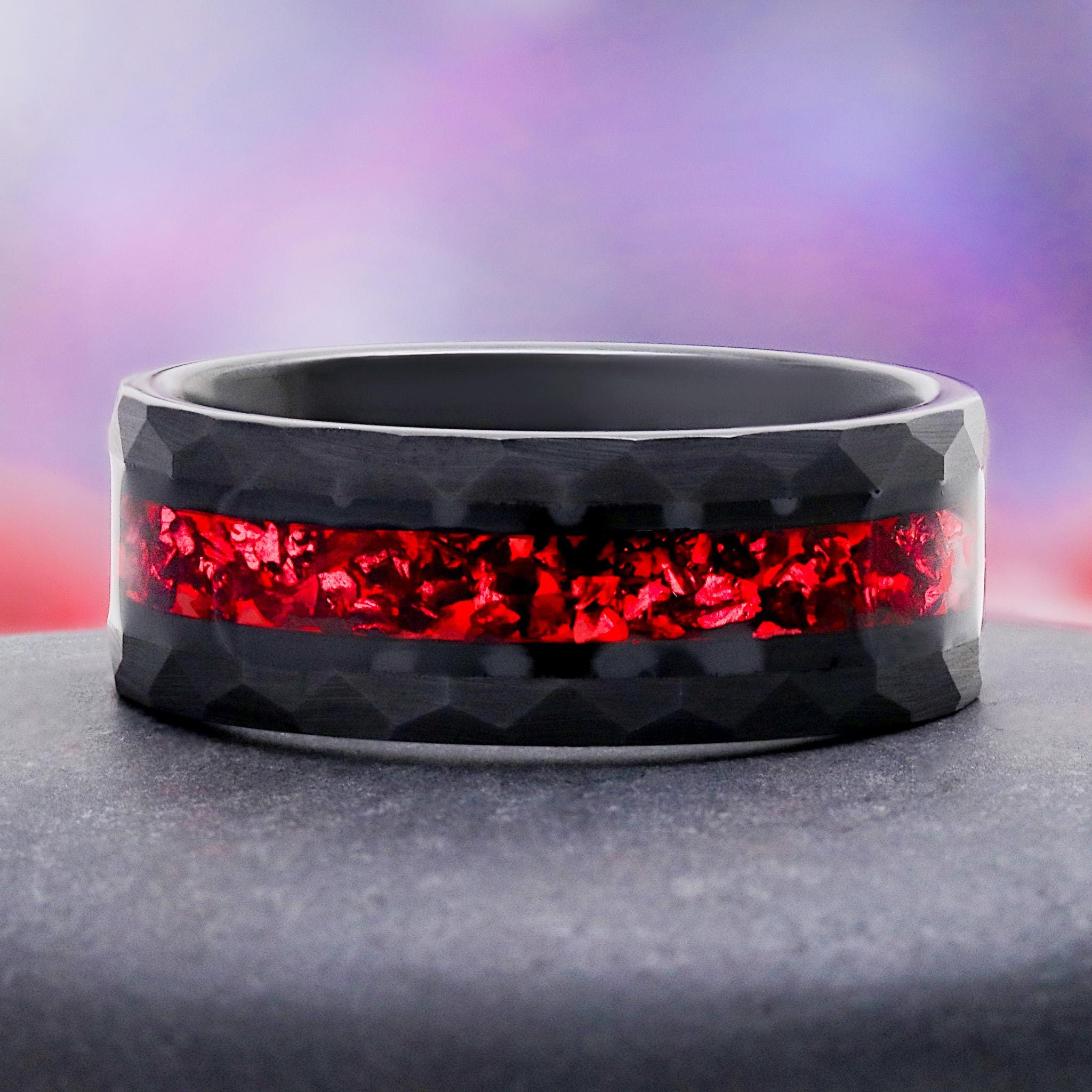Garnet Mens Wedding Band 8mm Black Tungsten Carbide Hammered