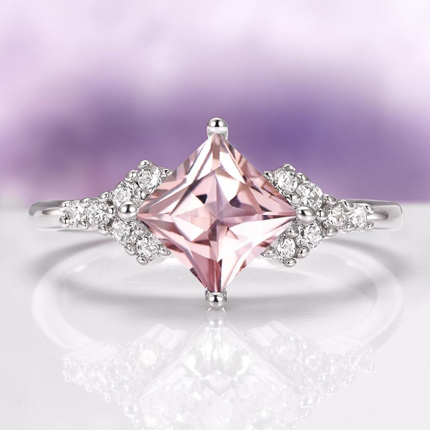 Dainty Morganite Engagement Ring in 925 Sterling Silver- Blush Pink Princess Cut Promise Ring For Women- Anniversary Birthday Gift For Her