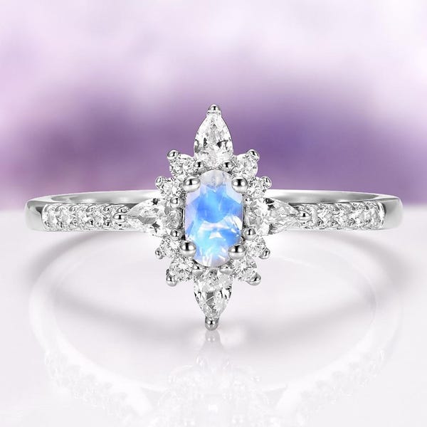 Natural Moonstone Engagement Ring in 925 Sterling Silver- Vintage Starburst Celestial Promise Ring- June birthstone Anniversary Gift For Her