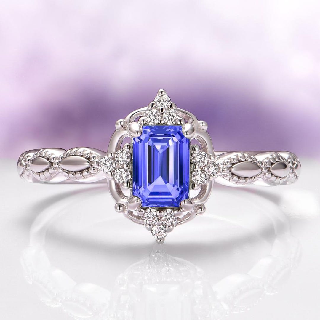 Vintage Tanzanite Engagement Ring in 925 Sterling Silver- Emerald Cut ...