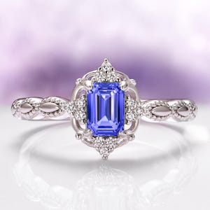 Vintage Tanzanite Engagement Ring in 925 Sterling Silver- Emerald Cut Art Deco Tanzanite Promise Ring- December Birthstone Anniversary Gift