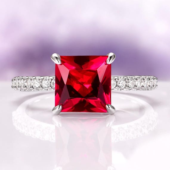 Princess Cut Ruby Engagement Ring in 925 Sterling Silver Carat Lab Grown  Ruby Unique Promise Ring July Birthstone Anniversary Gift For Her