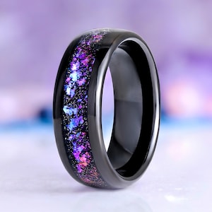 Mens Tungsten Wedding Band Orion Nebula® Crushed Fire Opal Black 8mm Galaxy Ring
