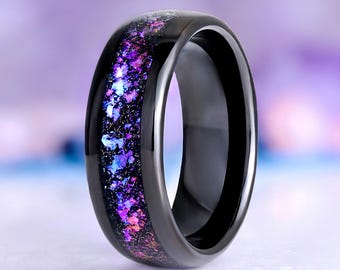 Orion Nebula Men's Wedding Band- Crushed Fire Opal & Galaxy Sandstone Tungsten Outer Space Ring 8mm Unisex Wedding Ring Promise Ring For Him