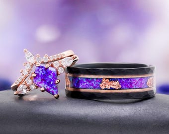 Skye Purple Fire Opal Couples Ring Set- His and Hers Matching Wedding Band Hammered Lavender Rose Gold Tungsten/ Vermeil Unique Promise Ring