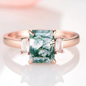 Natural Green Moss Agate Ring- 14K Rose Gold Vermeil Emerald Cut Agate Engagement Rings For Women- Promise Ring- Anniversary Gift For Her