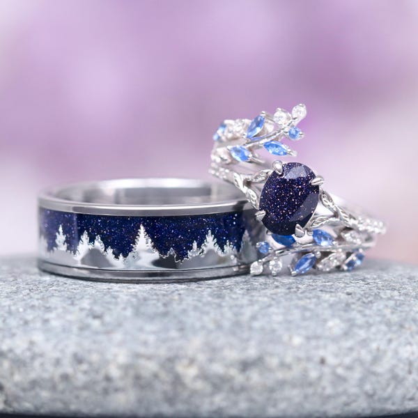 Starry Night & Trees Couples Ring Set- Galaxy Sandstone His and Hers Rings- Night Court Cosmic Wedding Band- 925 Sterling Silver/ Tungsten