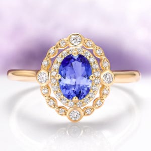 Natural Tanzanite Engagement Ring in 14K Solid Yellow Gold- Vintage Art Deco Promise Ring For Her- Unique Solid Gold- December Birthstone