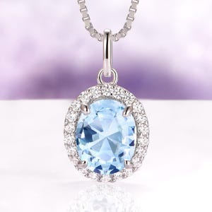 Oval Aquamarine Necklace in Sterling Silver- Halo Aquamarine Pendant Necklace-Bridal Necklace- March Birthstone Blue Gemstone Gift For Her