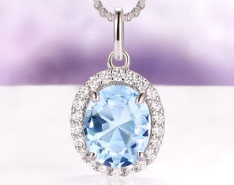 Oval Aquamarine Necklace in Sterling Silver- Halo Aquamarine Pendant Necklace-Bridal Necklace- March Birthstone Blue Gemstone Gift For Her