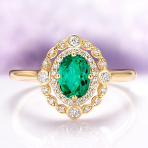 Art Deco Emerald Engagement Ring in 14K Yellow Gold Vermeil- Gemstone Engagement Ring- Vintage Promise Ring- May Birthstone Anniversary Gift