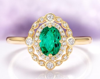 Art Deco Emerald Engagement Ring in 14K Yellow Gold Vermeil- Gemstone Engagement Ring- Vintage Promise Ring- May Birthstone Anniversary Gift