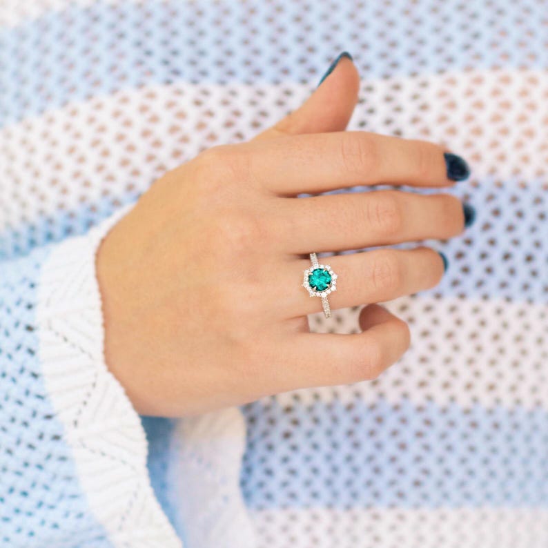 Emerald Engagement Ring – Round Emerald Halo Ring – May Birthstone Ring – Green Gemstone Ring – Sterling Silver image 2