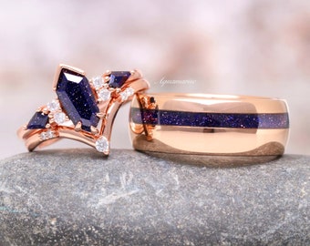 Starry Night Couples Ring Set- His and Hers Orion Nebula Wedding Band- Galaxy Sandstone Coffin Kite Cut Rose Gold Tungsten Unique Matching