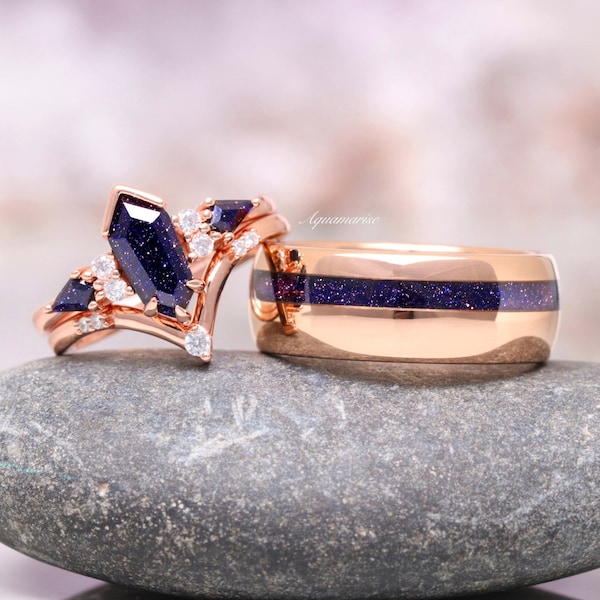 Starry Night Couples Ring Set- His and Hers Orion Nebula Wedding Band- Galaxy Sandstone Coffin Kite Cut Rose Gold Tungsten Unique Matching