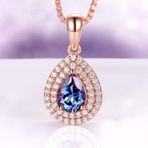 Teardrop Alexandrite Necklace in 14K Rose Gold Vermeil- Teal & Purple Gemstone Double Halo Necklace June Birthstone Anniversary Gift For Her