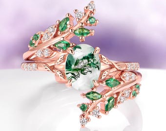 Green Moss Agate & Emerald Leaf Ring- 14K Rose Gold Vermeil Natural Agate Engagement Ring Set For Women- Unique Promise Ring- Gift For Her
