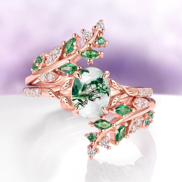 Green Moss Agate & Emerald Leaf Ring- 14K Rose Gold Vermeil Natural Agate Engagement Ring Set For Women- Unique Promise Ring- Gift For Her