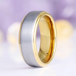 Minimalist Men's Wedding Band- 8MM Two Tone Tungsten Carbide Wedding Ring- Yellow Gold/Silver Ring For Him Promise- Anniversary Ring For Men