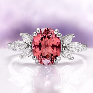 Garnet Engagement Ring Simulated Rhodolite Oval Marquise Leaf Sterling Silver Promise Ring