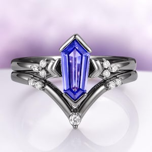 Tanzanite Engagement Ring Set Simulated Hexagon Coffin Cut Black Ruthenium Sterling Silver
