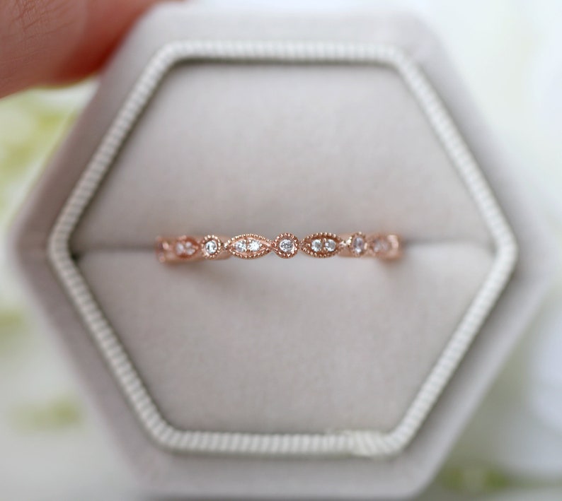 Vintage Diamond Wedding Band 14K Rose Gold Vermeil Engagement Ring For Women Dainty Promise Ring Art Deco Anniversary Birthday Gift For Her image 6