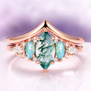 Moss Agate Engagement Ring Set Marquise Opalescent Sapphire 14K Rose Gold Vermeil