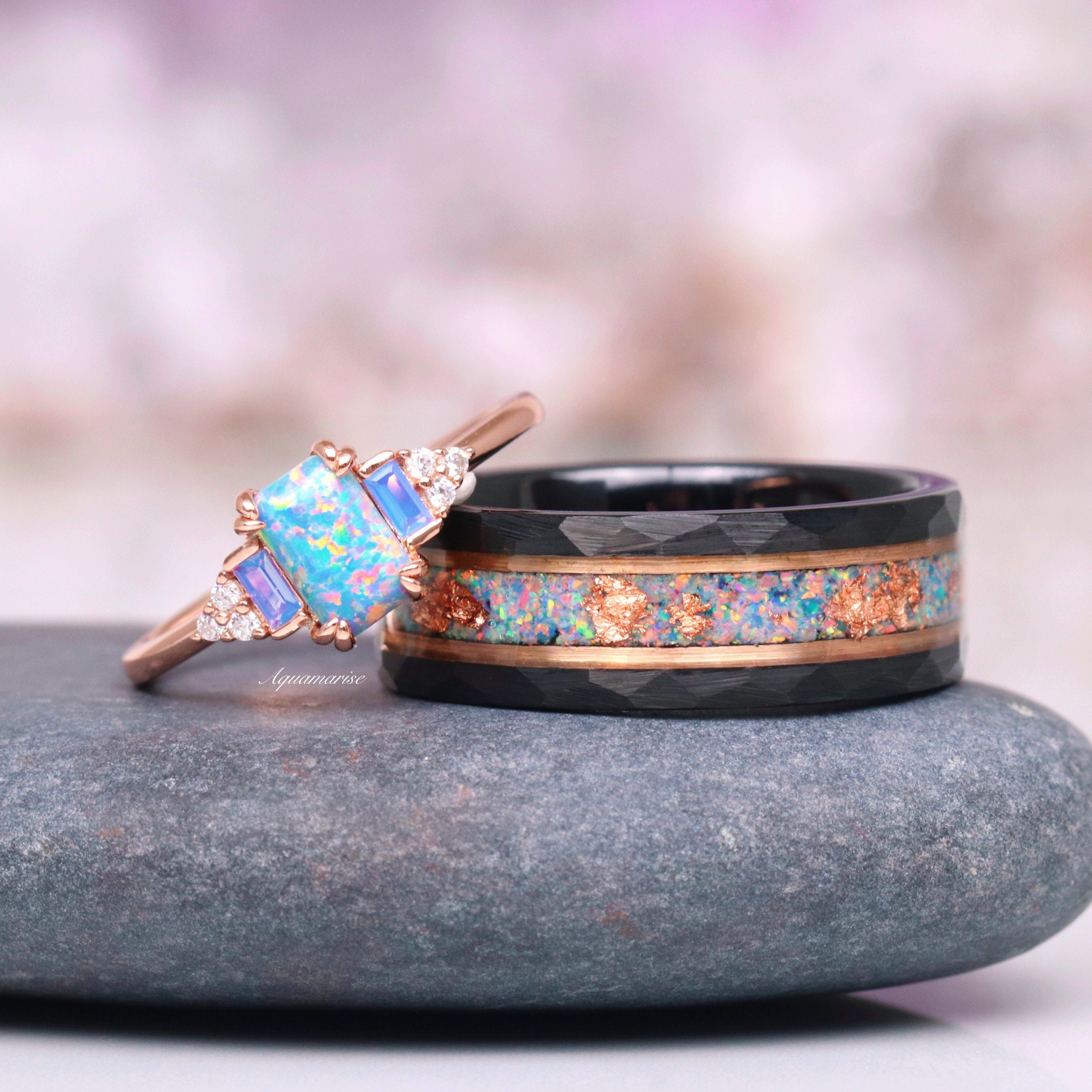 Blue Fire Opal Rose Gold Leaf Men's Wedding Band- 8mm Two Tone