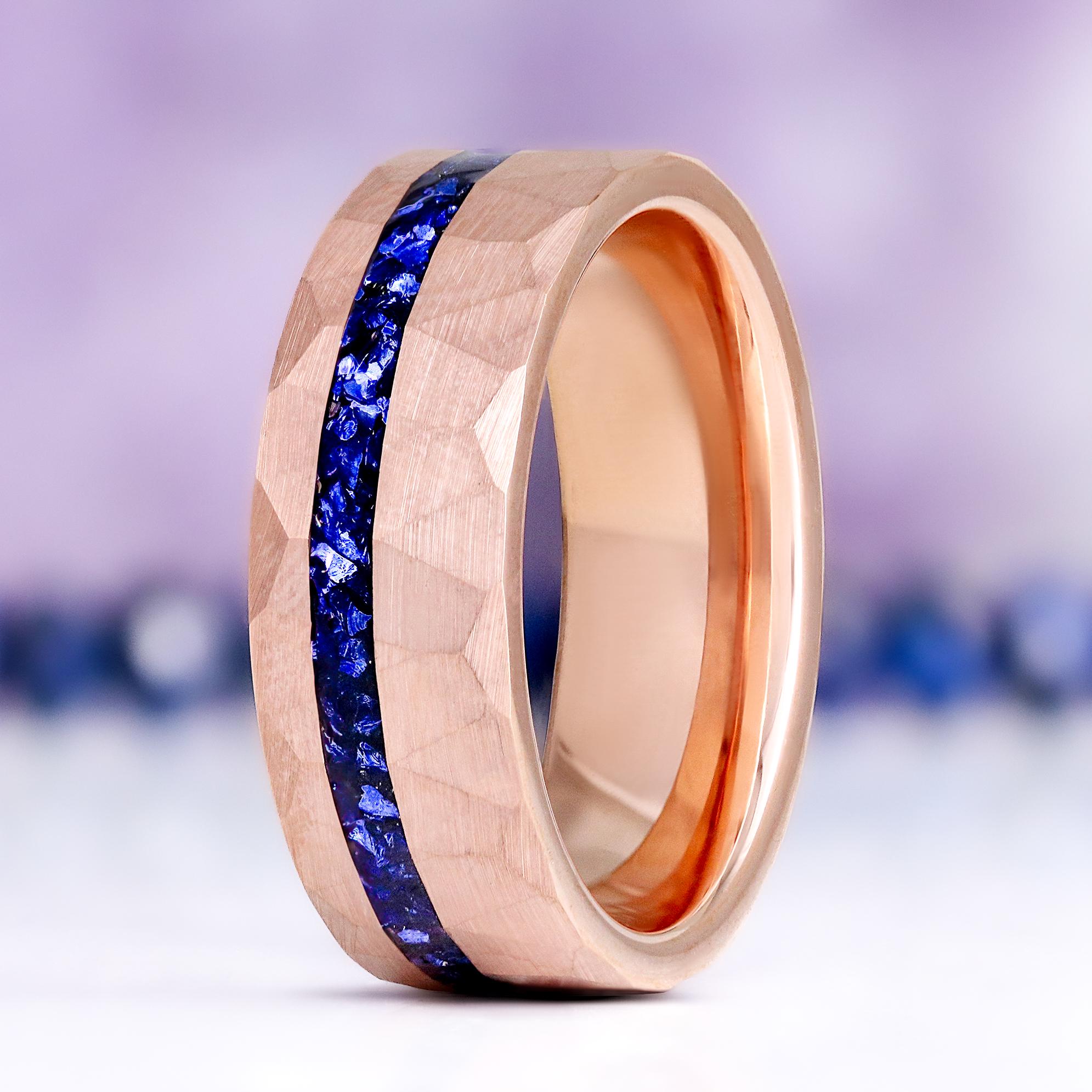Blue Sapphire Mens Wedding Band 8mm Rose Gold Tungsten Carbide