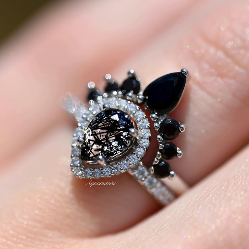 Amy Rutilated Quartz & Black Diamond Engagement Ring Set image 1