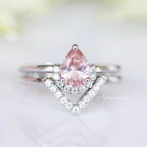 Vintage Morganite Ring Set- Sterling Silver Teardrop Peachy Pink Morganite Engagement Ring- Diamond Wedding Promise Ring- Anniversary Gift