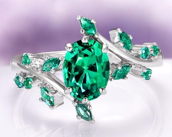 Emerald Green Leaf Engagement Ring for Women- 925 Sterling Silver