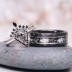Rutilated Quartz, Meteorite & Black Diamond Couples Ring Set- His and Hers Starry Night Wedding Band Silver/ Tungsten  Matching Promise Ring