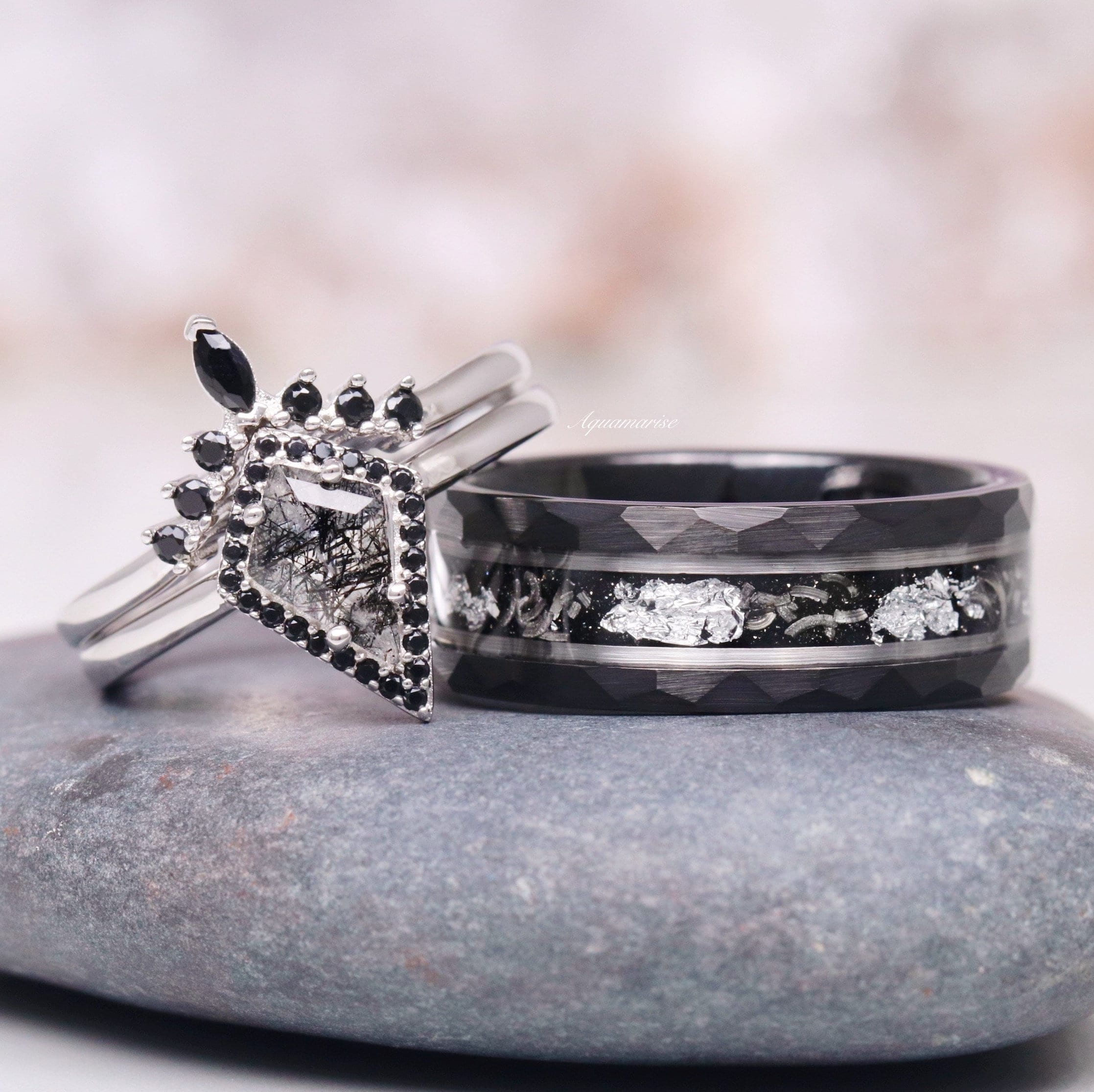 Rutilated Quartz Meteorite Black Diamond Couples Ring Set His and Hers Starry Night Wedding Band Silver Tungsten Matching Promise Ring