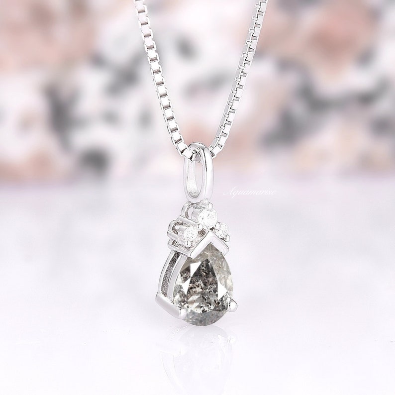 Galaxy Raw Salt & Pepper Diamond Necklace For Women 925 Sterling Silver Teardrop Herkimer Diamond Unique Jewelry Anniversary Gift For Her image 2